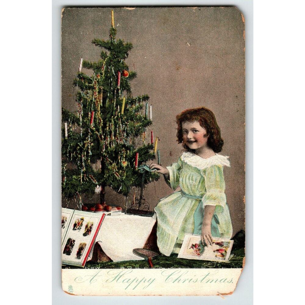 Christmas Postcard Tuck Victorian Girl Xmas Tree With Candles Tinsel Series 8242